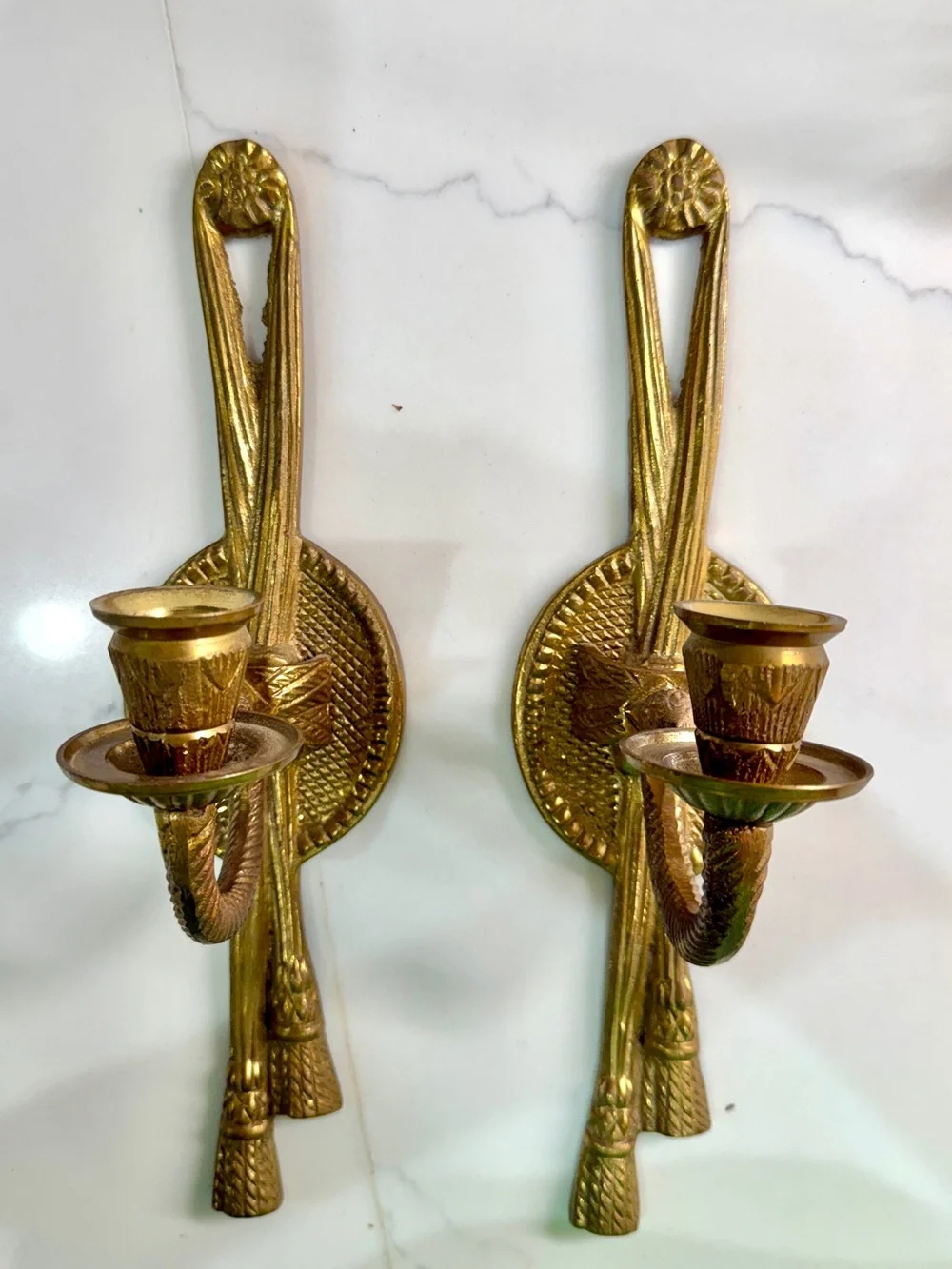 Vintage Brass Pair of Candle Holder Wall Sconces-H 11.5inches with glass pegs